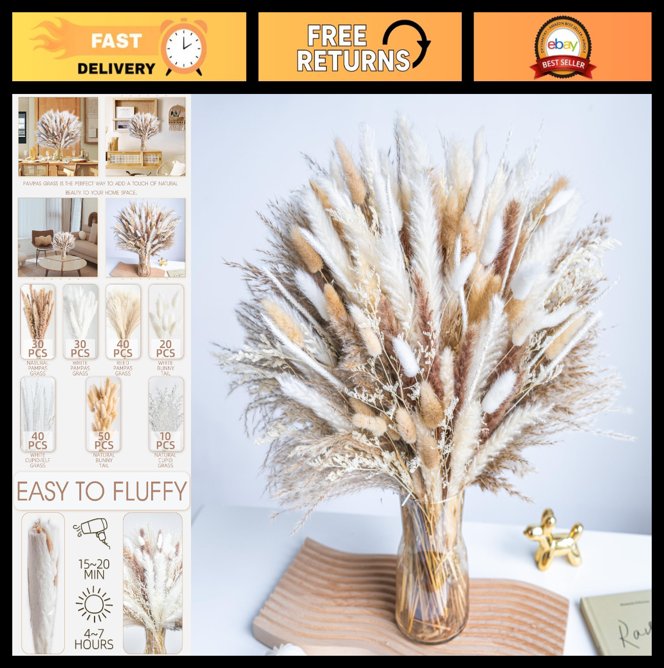 220PCS Dried Pampas Grass Bouquet – Boho Home Decor, Wedding Floral Arrangements