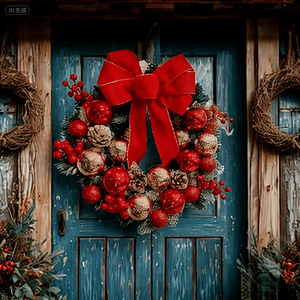 45cm/17.7in Christmas Wreath Front Door Flocked Pine Red Bow