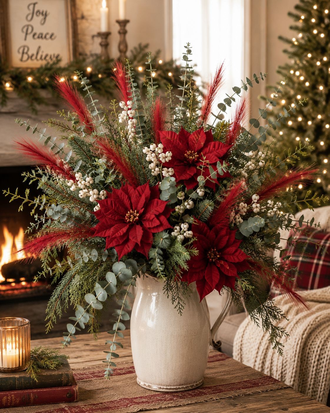 Red Artificial Pampas Grass Stems Set of 3, 20 Inch Faux Pampas Grass, Wispy Flo