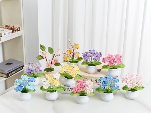 Crochet Flowers Pink Handmade Knitted Potted Flower Plants for Gradient Pink