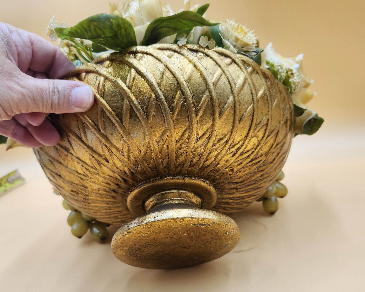 Vintage gold bowl artificial flower fruit arrangement white green Mid Century