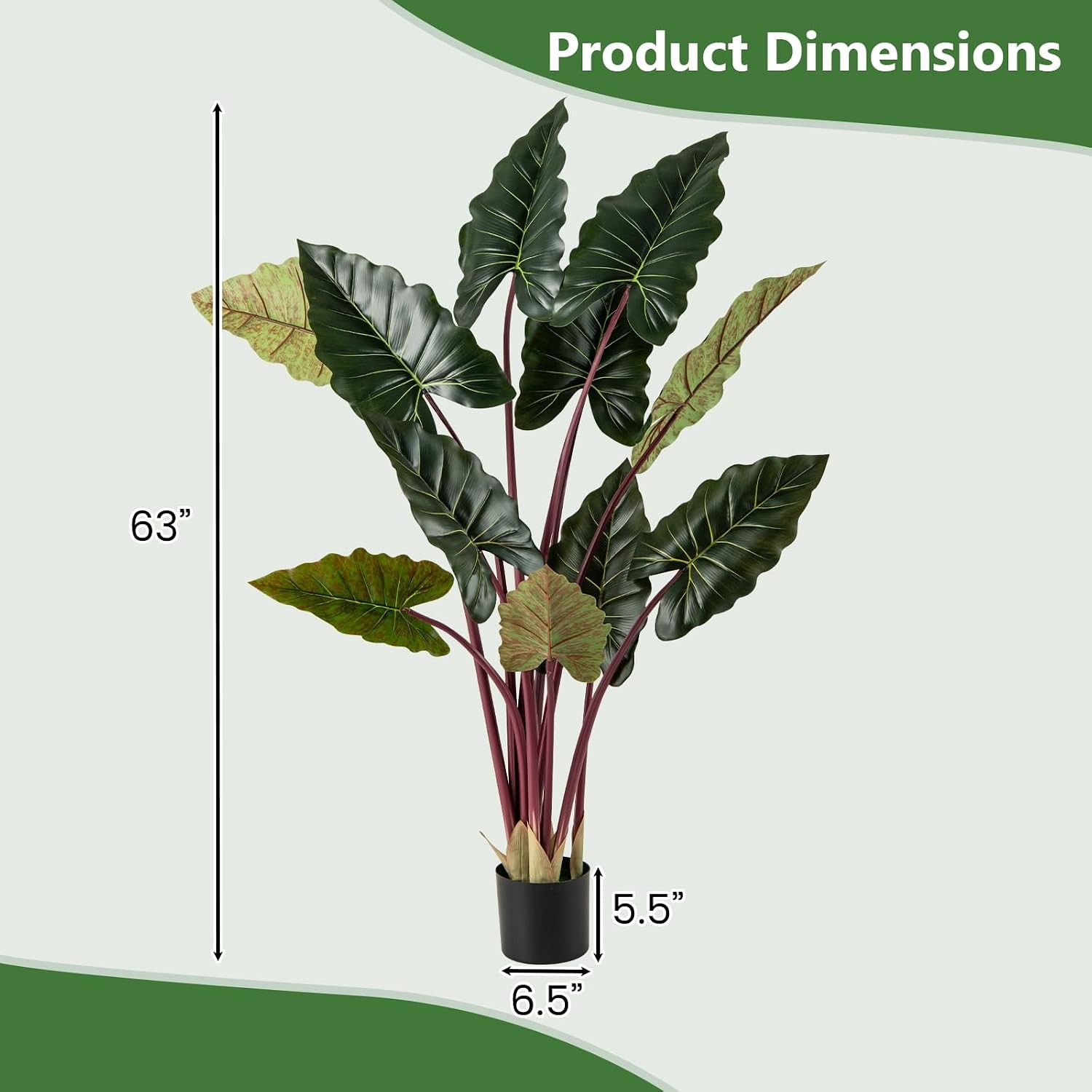 Artificial Rainbow Taro Tree, 63″ Tall Fake Pre-Potted Plant w/ 11 Faux Leaves,