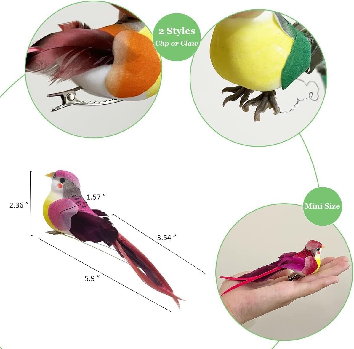 12pcs Assorted Artificial Birds Clip on Ornaments 6-inch Simulated Foam Feath…