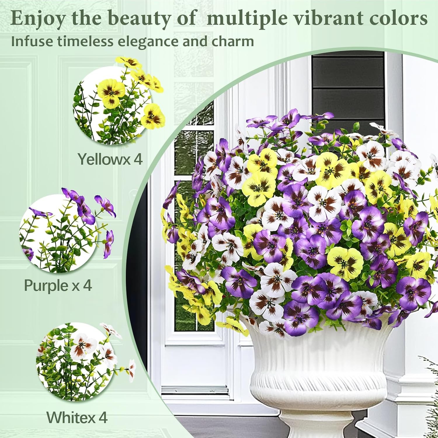 8 Bundles Artificial Outdoor Flowers – Faux Pansy Garden Decor UV Resistant