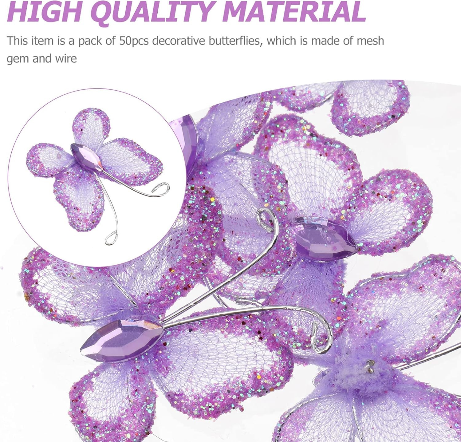 50Pcs Butterflies, DIY Craft Sheer Mesh Wire Glitter Butterfly with Gem for Wedd
