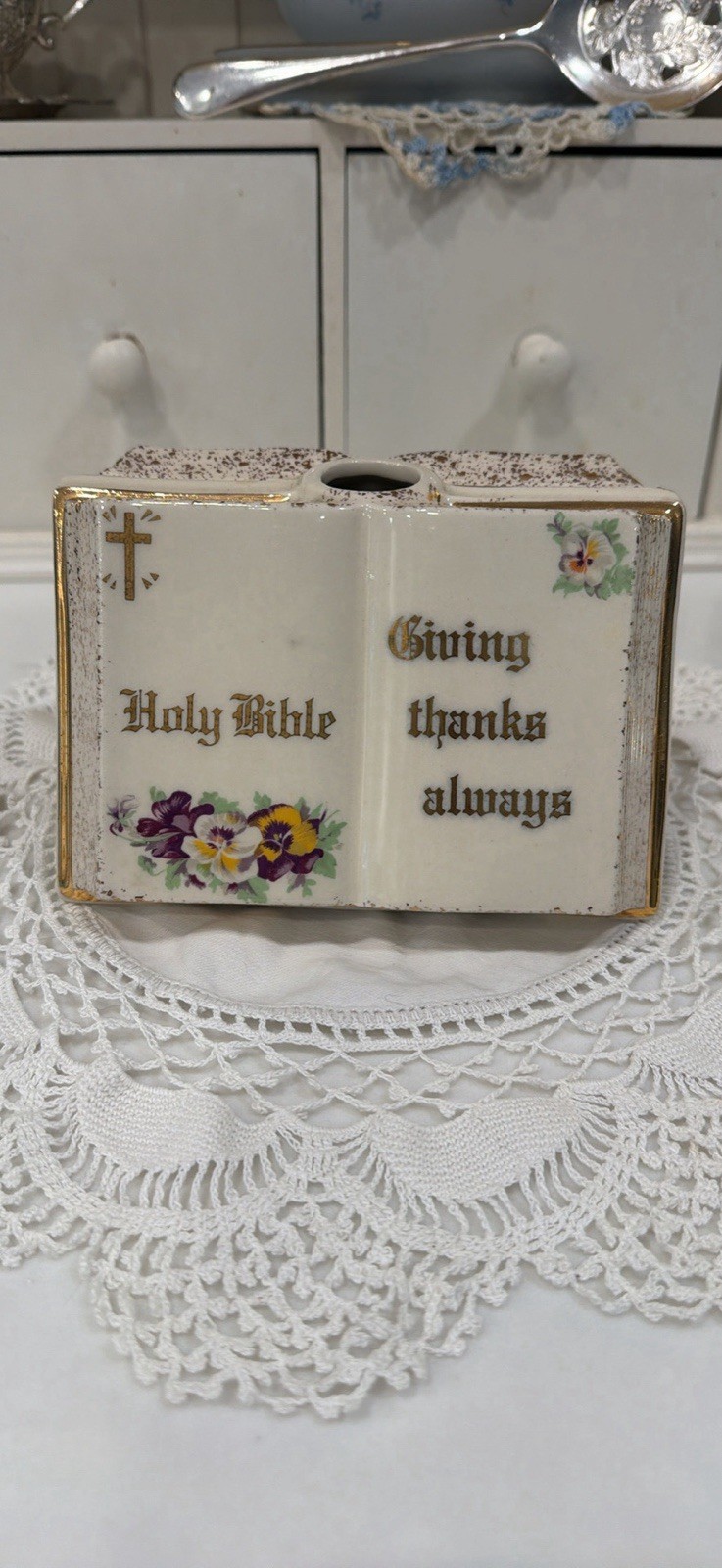 Lefton Holy Bible Ceramic Bud Vase 6.5in 7194