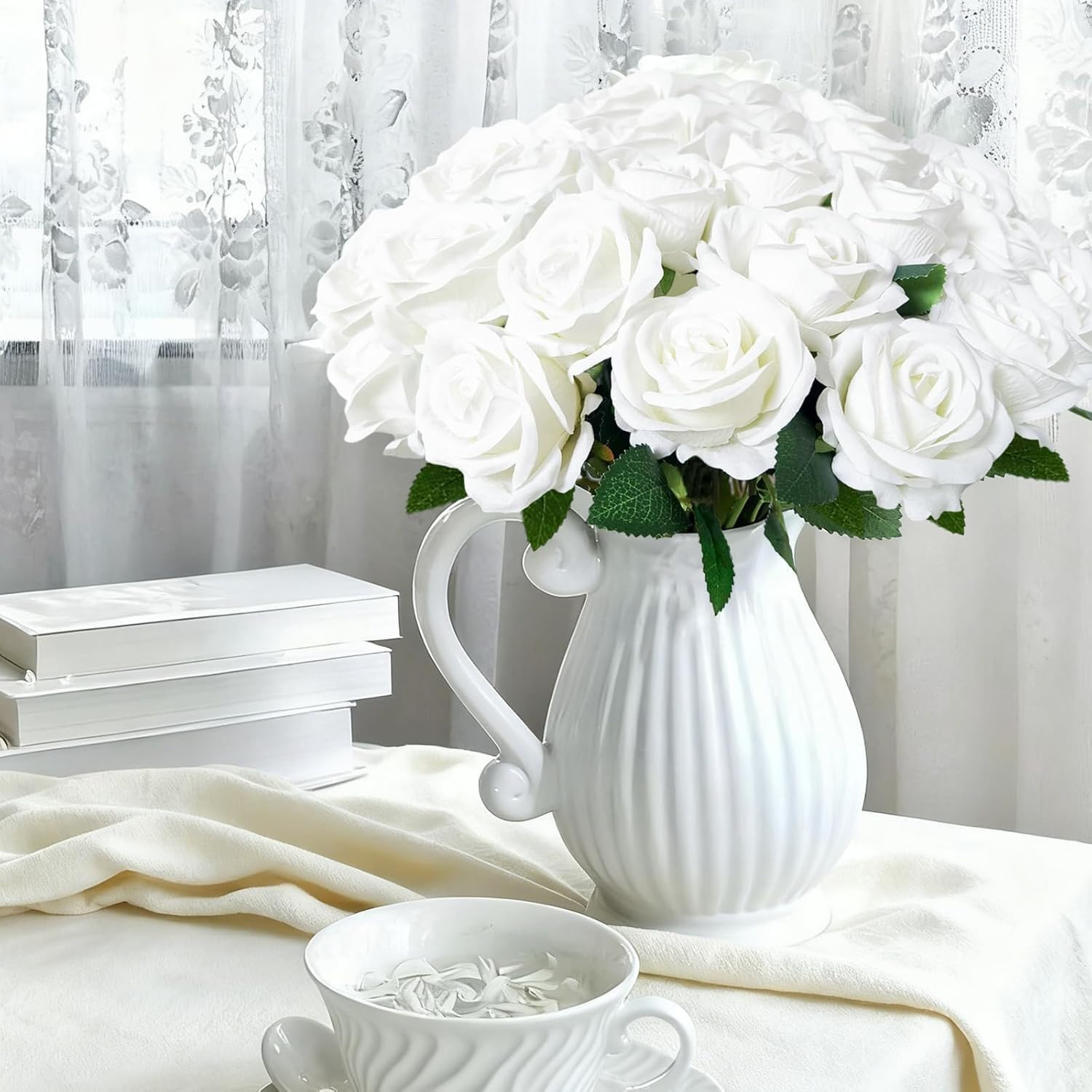 100 Pcs White Fake Roses Bulk Artificial Flowers, Artificial Velvet Silk Roses B