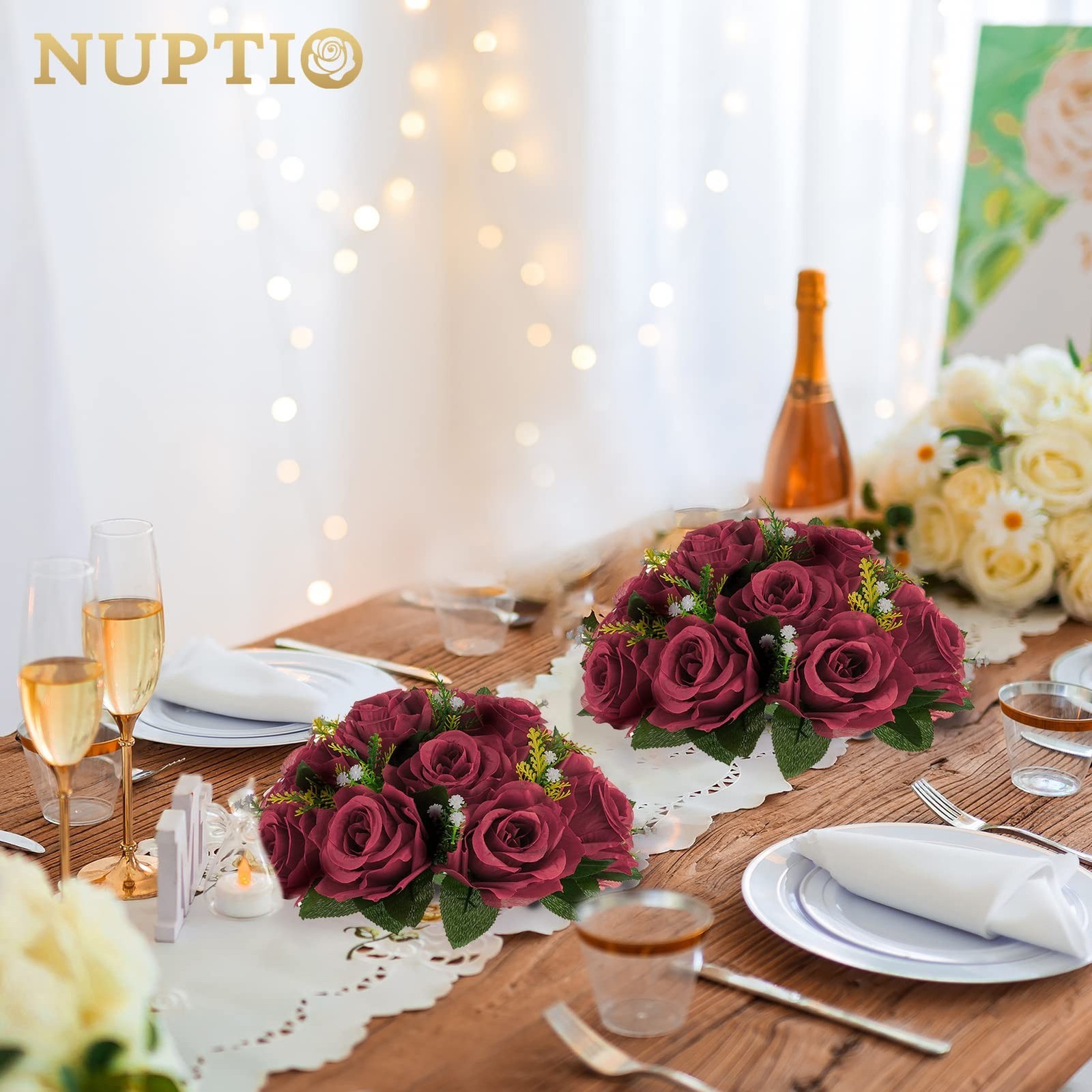 NUPTIO Flower Ball Arrangement Bouquet – 6 Pcs 9.5 inch Diameter Burgundy Fak…