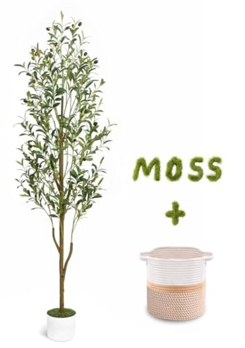 Artificial Olive Tree Tall Faux Olive Trees with Planter & Basket, 6FT Green