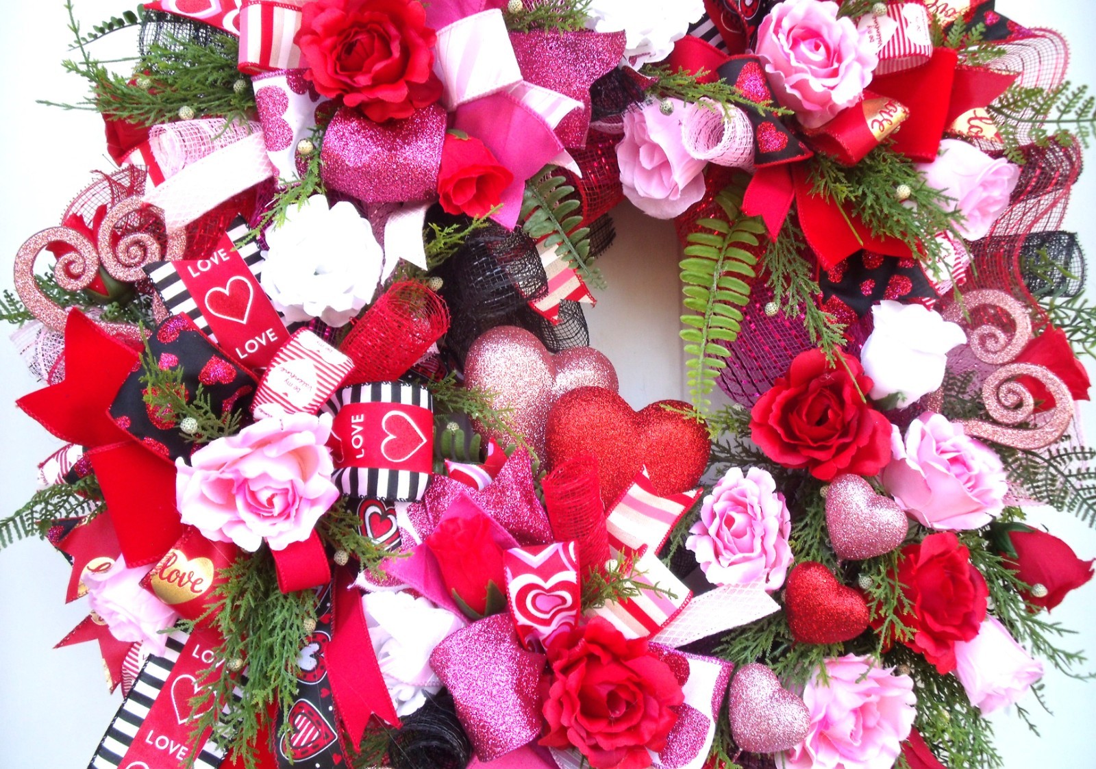 Valentine Ribbons & Roses Wreath-Hearts-Greenery, Reds/Pinks/White-Door or Wall