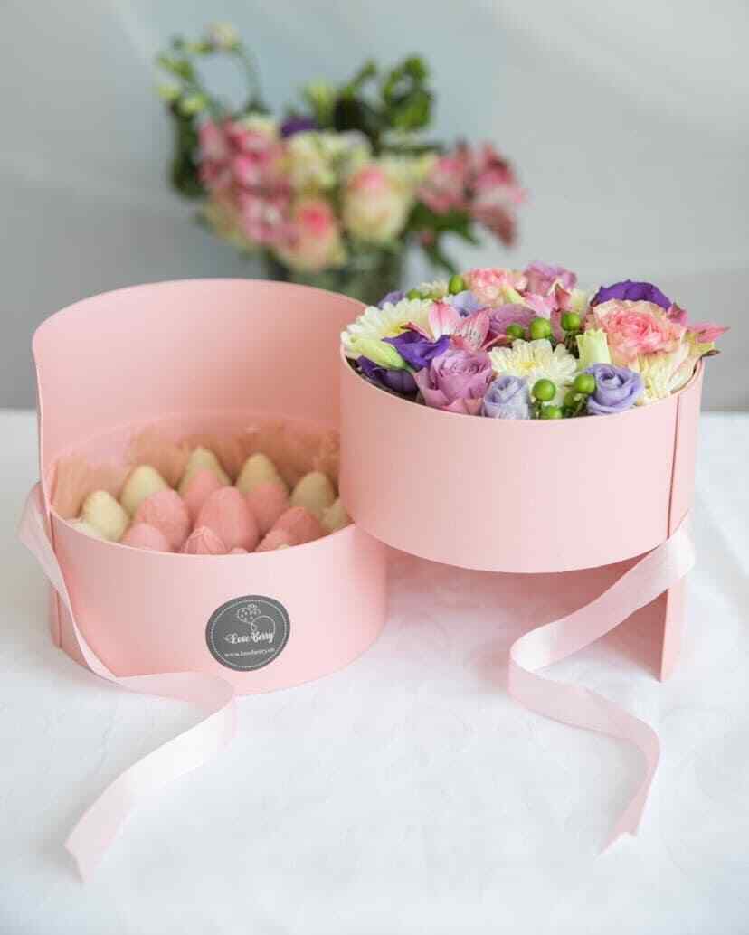 Premium Quality Round Shape Flower Box, Floral Gift Box, 2 Tier, with Lid, Pink
