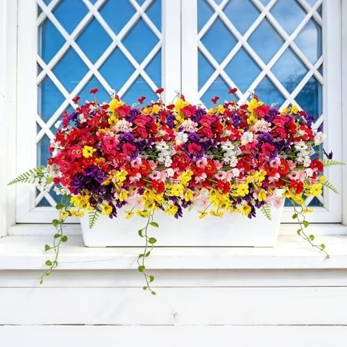 24 Pcs (6 Color) UV Resistant Outdoor Artificial Faux Flowers Plants Realistic P