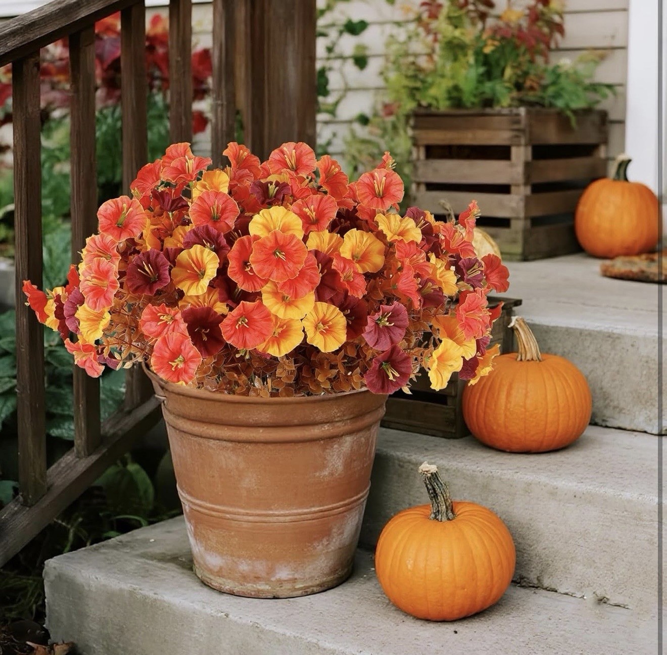 Artificial Petunia Flower Bouquet Red Yellow Orange 14.2in Fall Autumn Decor