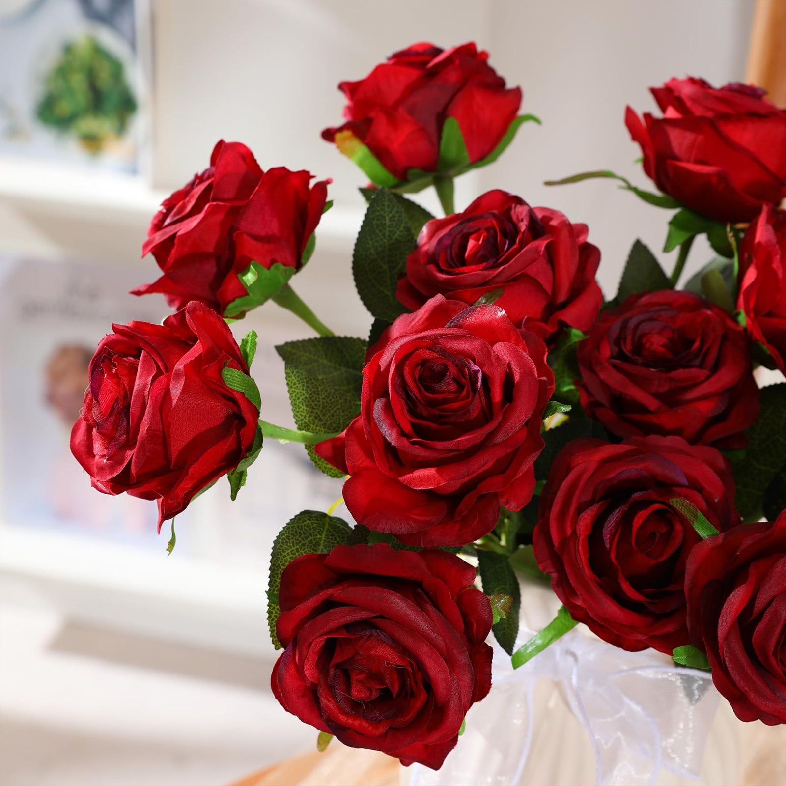 50pcs Artificial Burgundy Roses Bulk, Fake Red Roses Flower with Stems Realis…