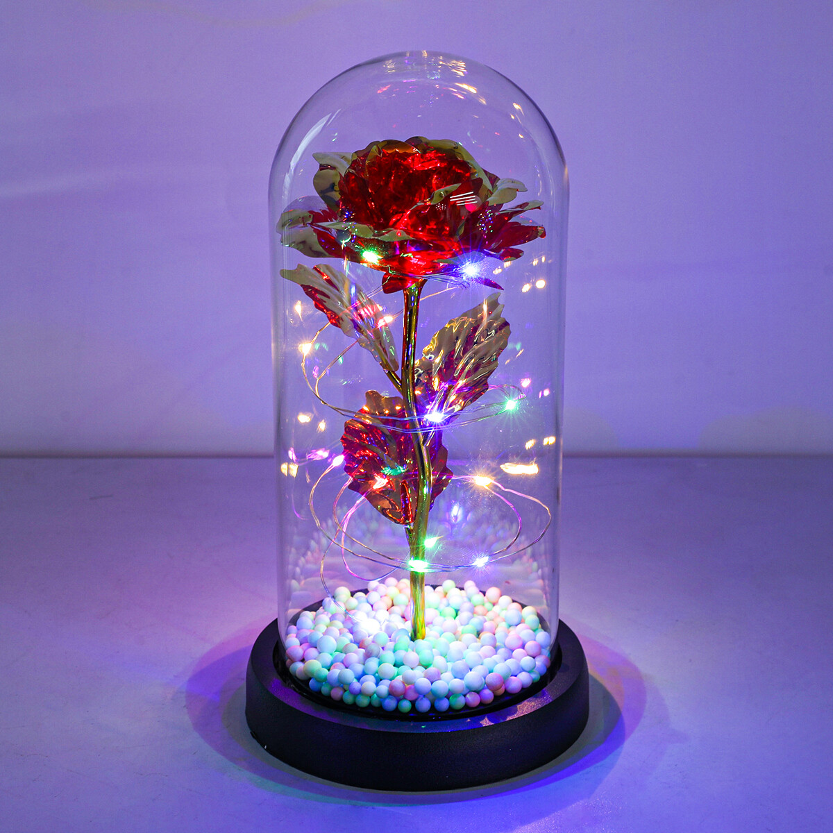 Preserved Eternal Gold Foil Rose In Glass Galaxy Flower Dome LED Light Gift Her