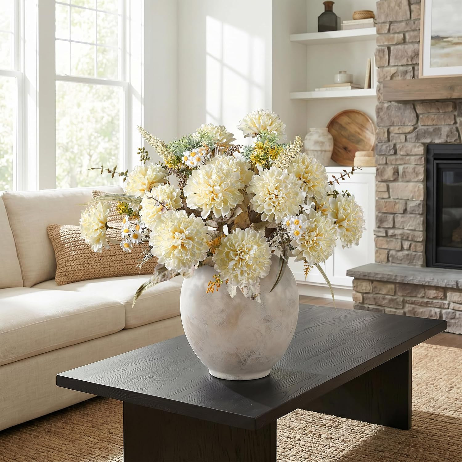 Beige Silk Chrysanthemum Flower Ball – 2 Pack for Home Decor & Vases
