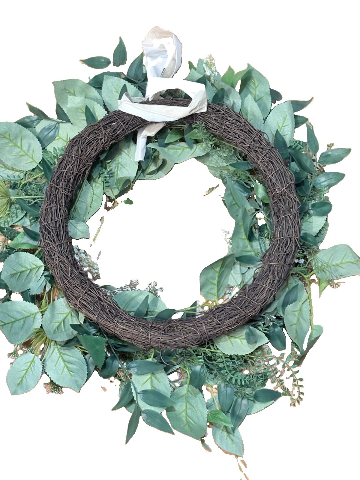 24” Artificial Greenery Wreath Mixed Foliage White Flowers Farmhouse Décor