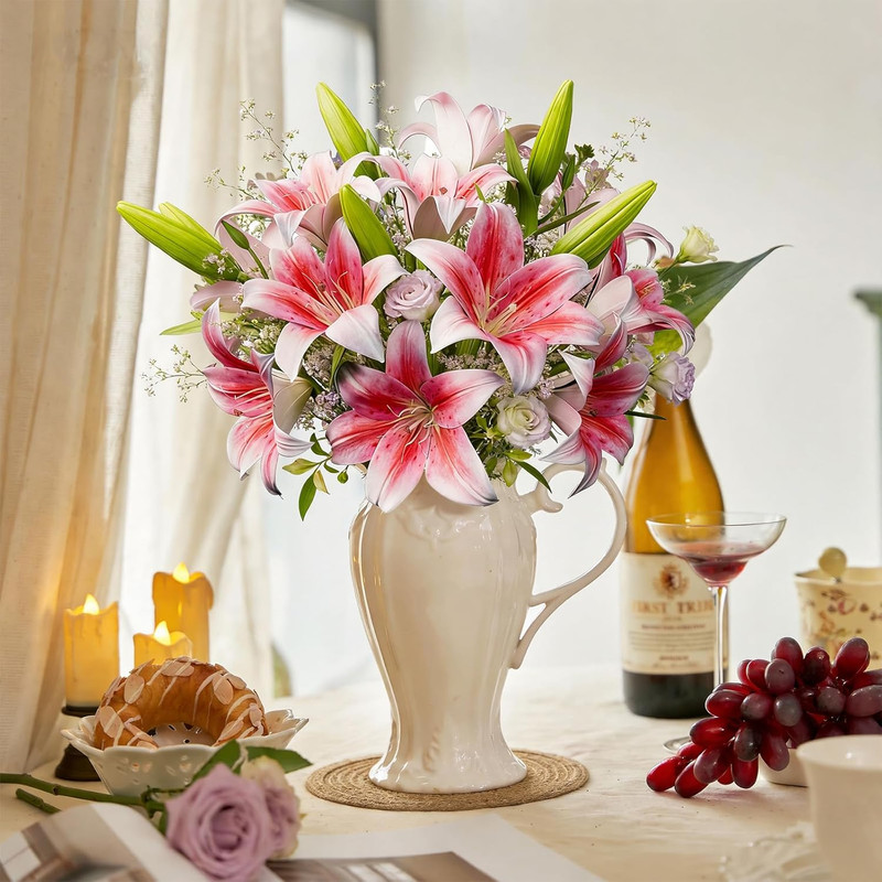 6 Bundles 18 Artificial Lily Flowers with 12 Heads Fully Bloomed Lilies & 6 Buds