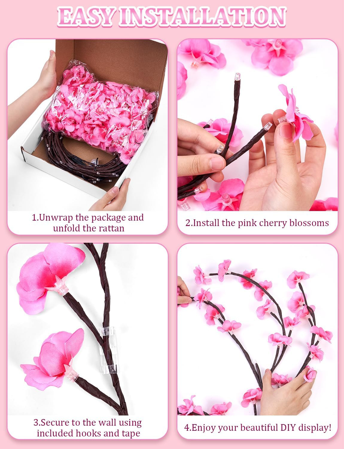 4 FT Cherry Blossom LED Lights with Remote, 8 Modes for Aesthetic Room Decor