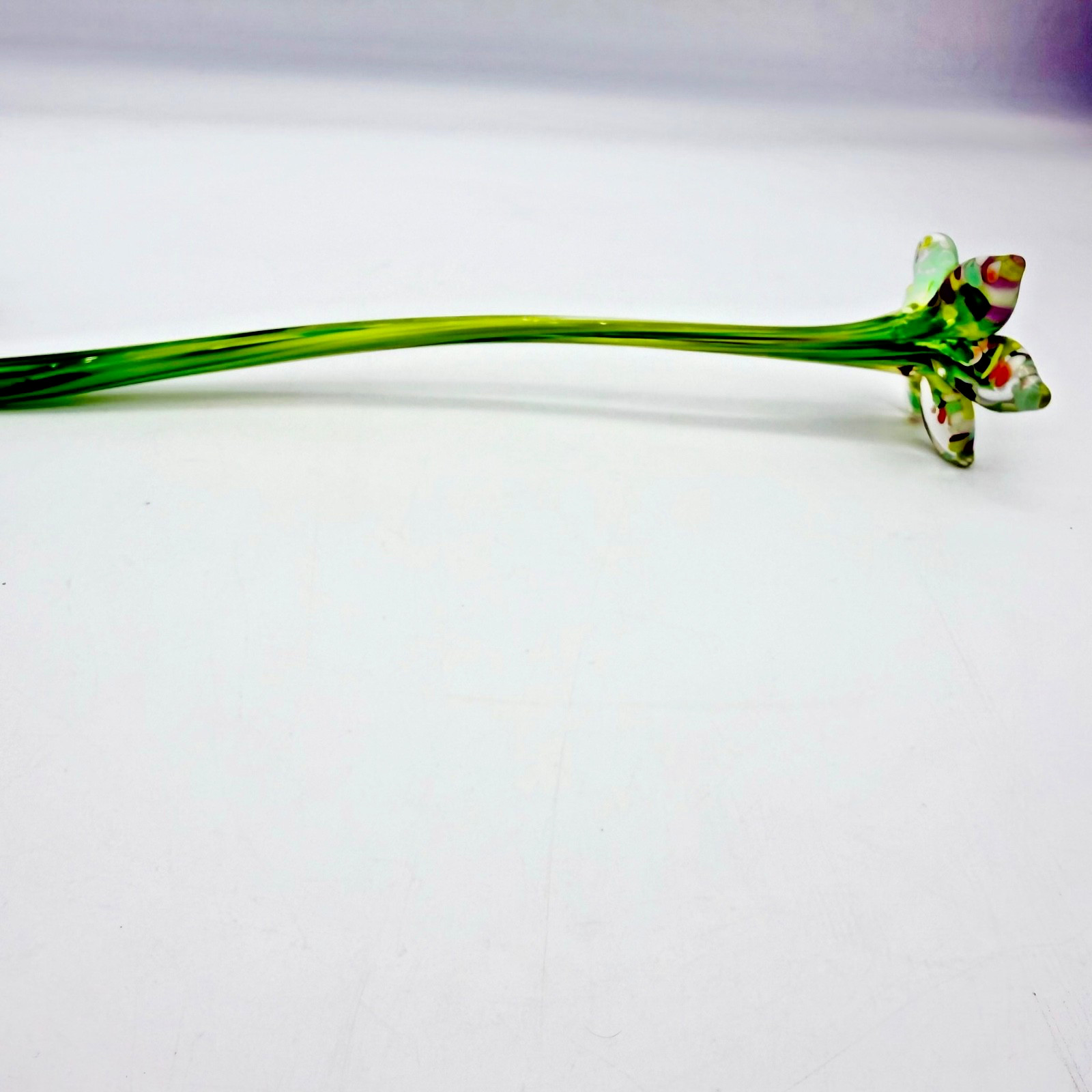 Vtg Hand Blown Art Glass Flowers Murano Style Green Purple Yellow Frit Set 2