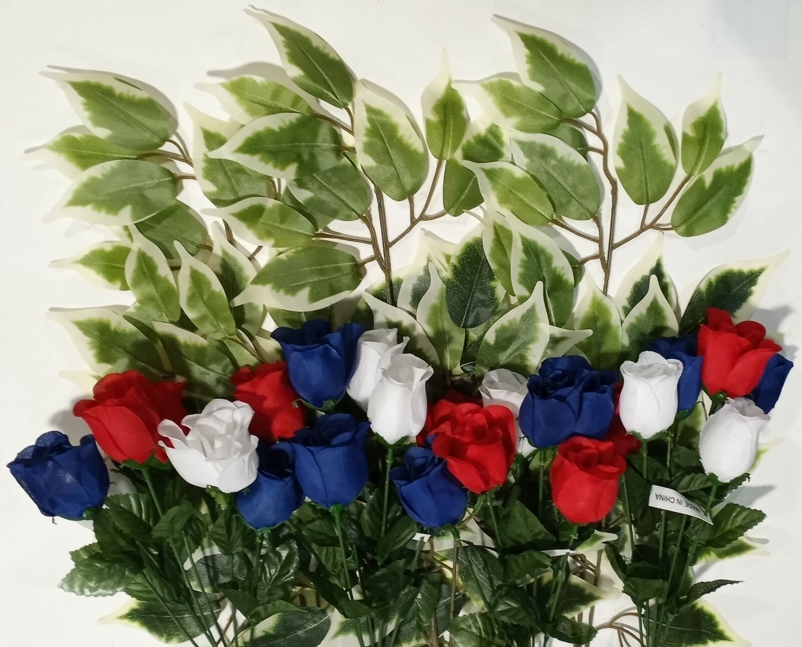 (7 pcs) 4 Red White Blue Rose Bushes & 3 Ficus Sprays Silk Flower Decor US #2213