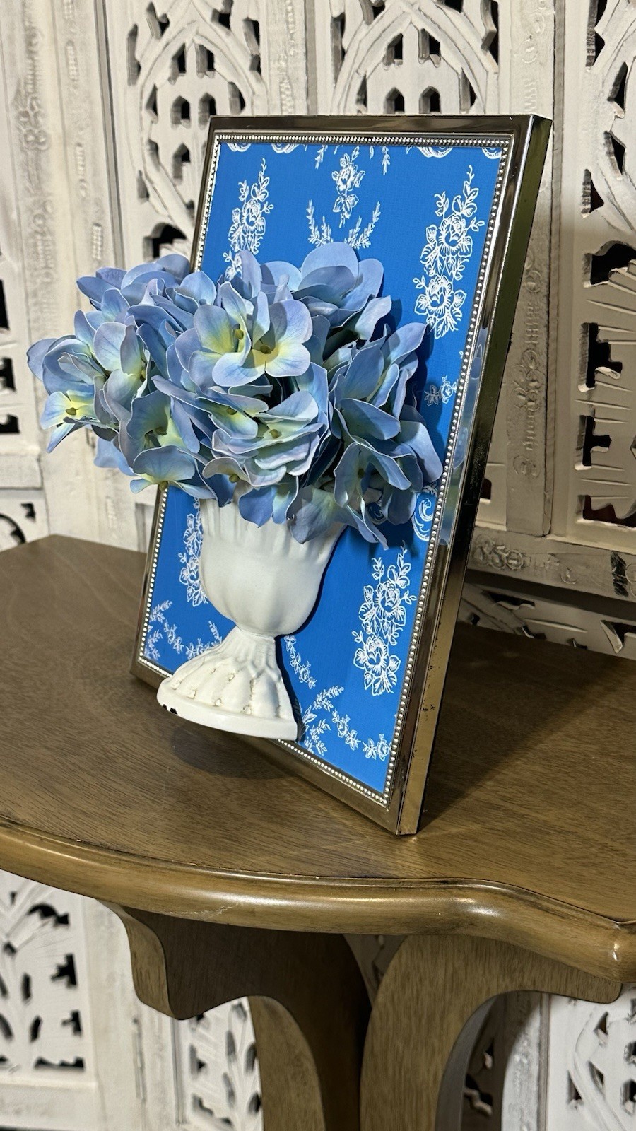 3D Artistry Handmade Blue Hydrangeas in Distressed Metal Urn Framed Florals