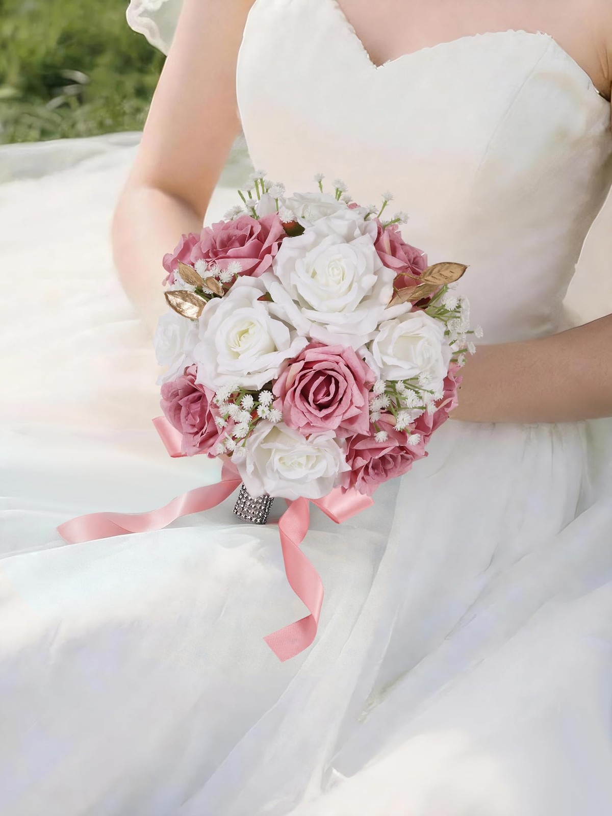 1 PCS Wedding Bouquets 9 Inch Artificial Rose Bridal Ivory White Pink Silk