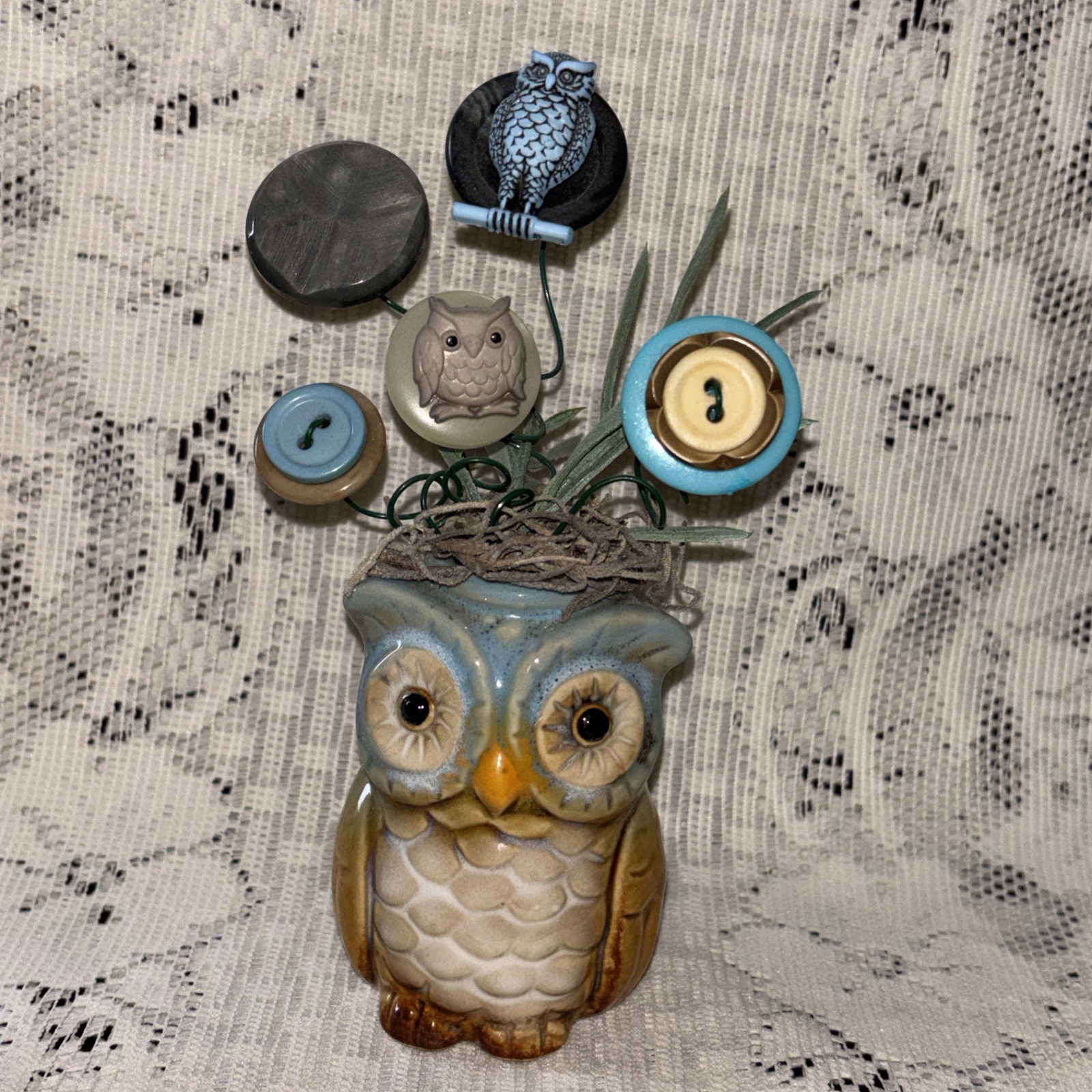 Handmade Button Bouquet Mini Ceramic Owl Vase Home Decor