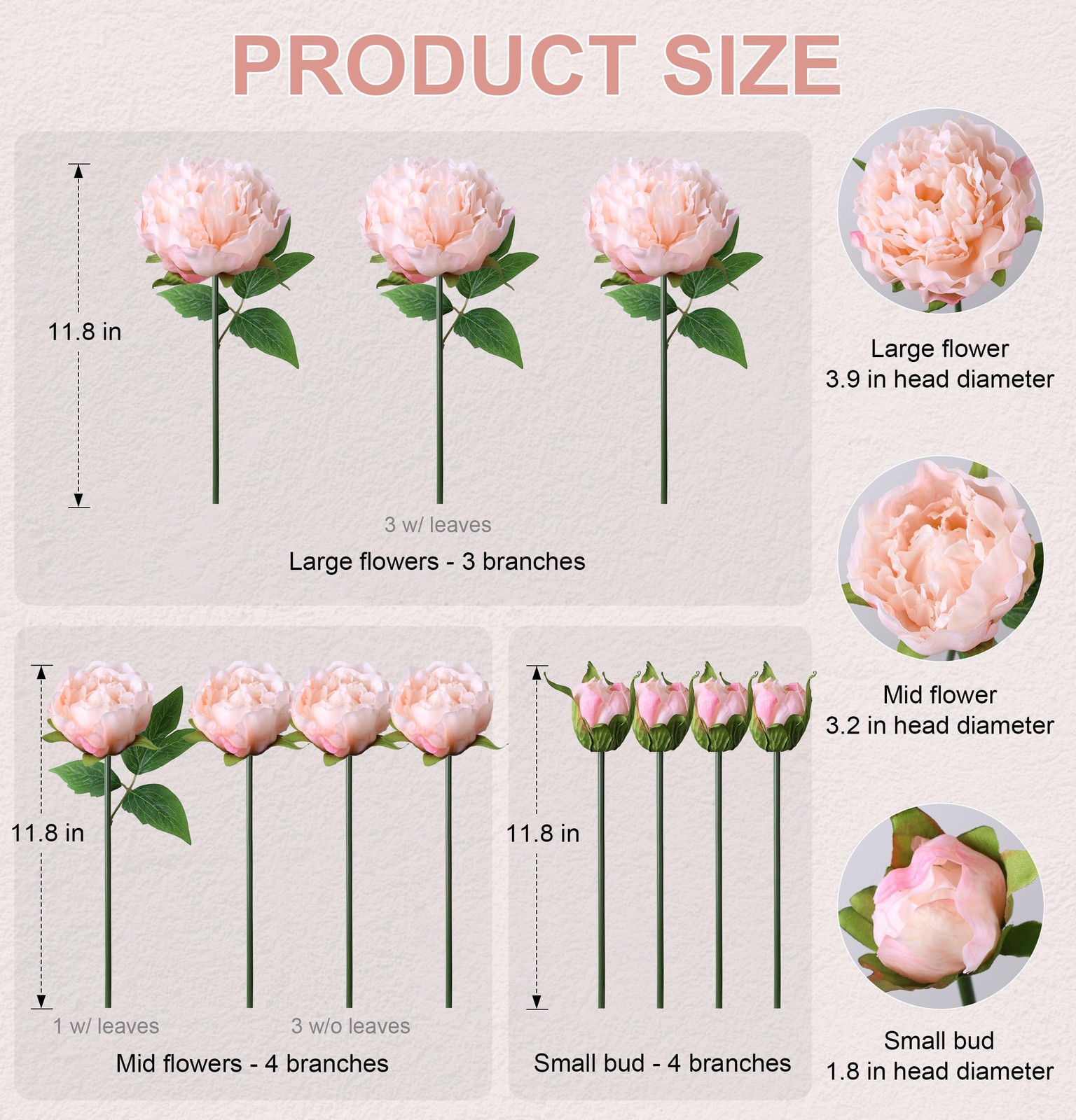 11 Branch Light Pink Peony Artificial Flowers Silk Faux Vase Arrangements