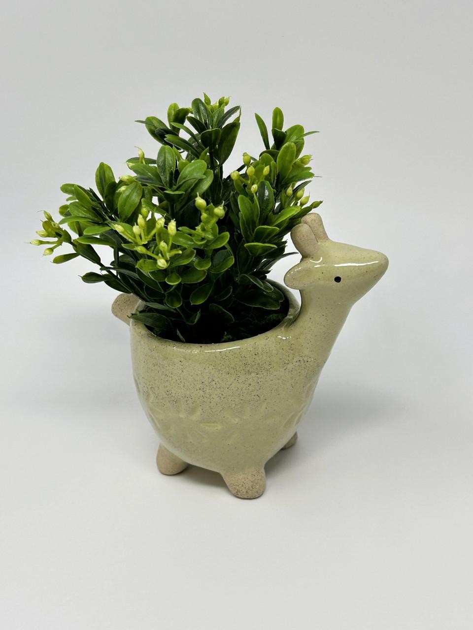 Mini 6″ Artificial Boxwood plastic plant potted in Ceramic DEER Giraffe Pot, han