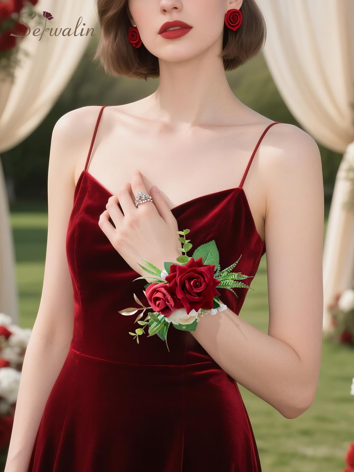 Red Rose Corsage Boutonniere Set For Men Wrist Wristlet Prom Homecoming