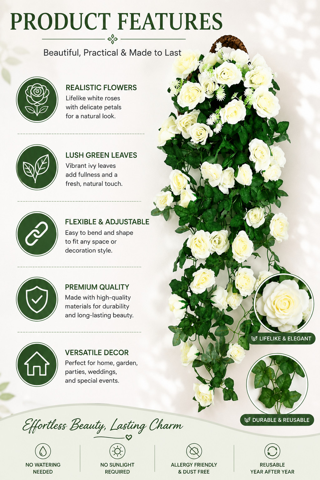90cm White Artificial Rose Hanging Vine Fake Flower Garland Home Garden Decor