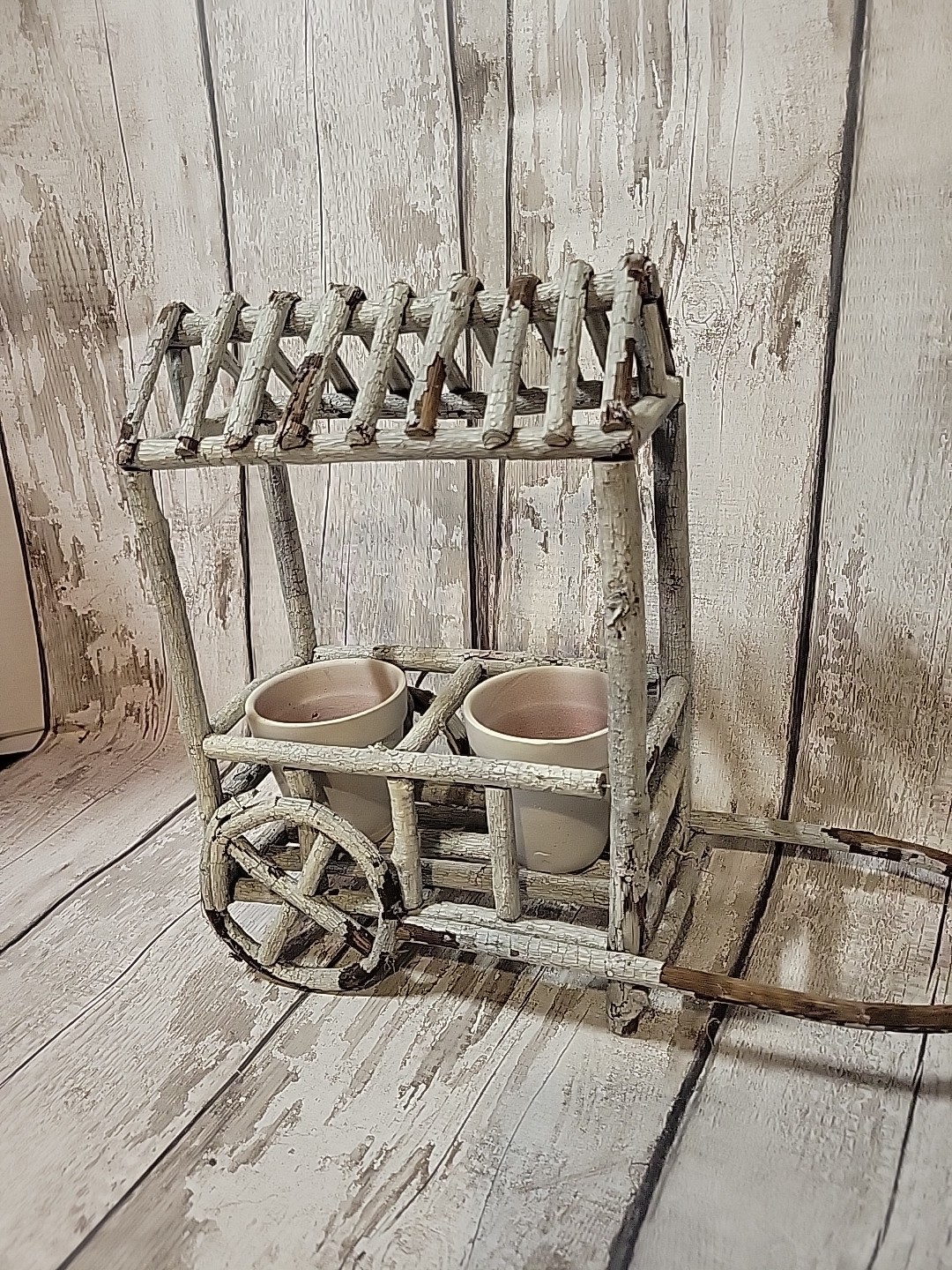 12″ Wood Twig Built Wheel Barrel Planter Flower Pot Decor Farmhouse Rustic