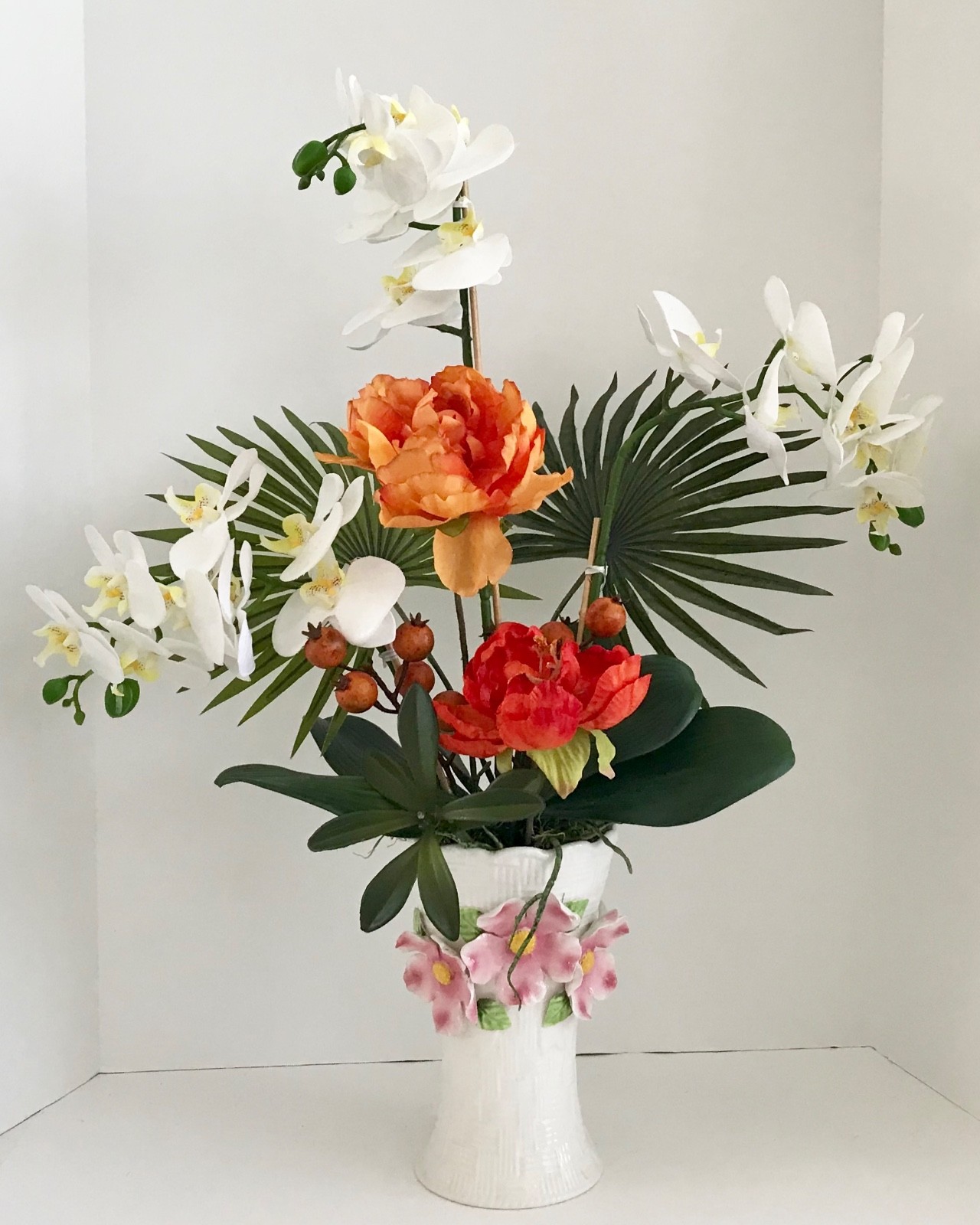 Decorative White Silk Orchids and Orange Roses with Palm Branchs Green Foliage