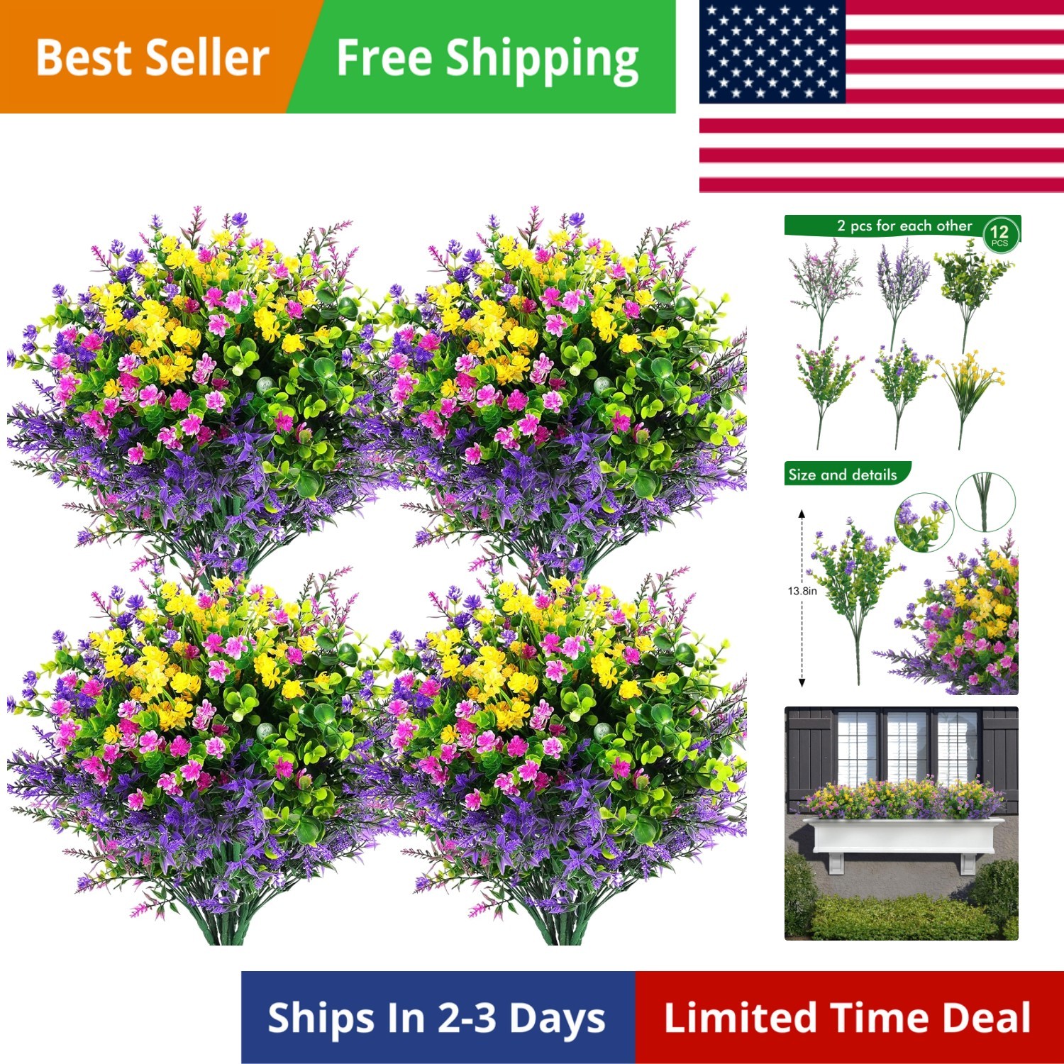 12 Pcs Artificial Flowers Outdoor, Faux Artificial Plants UV Resistant Plasti…