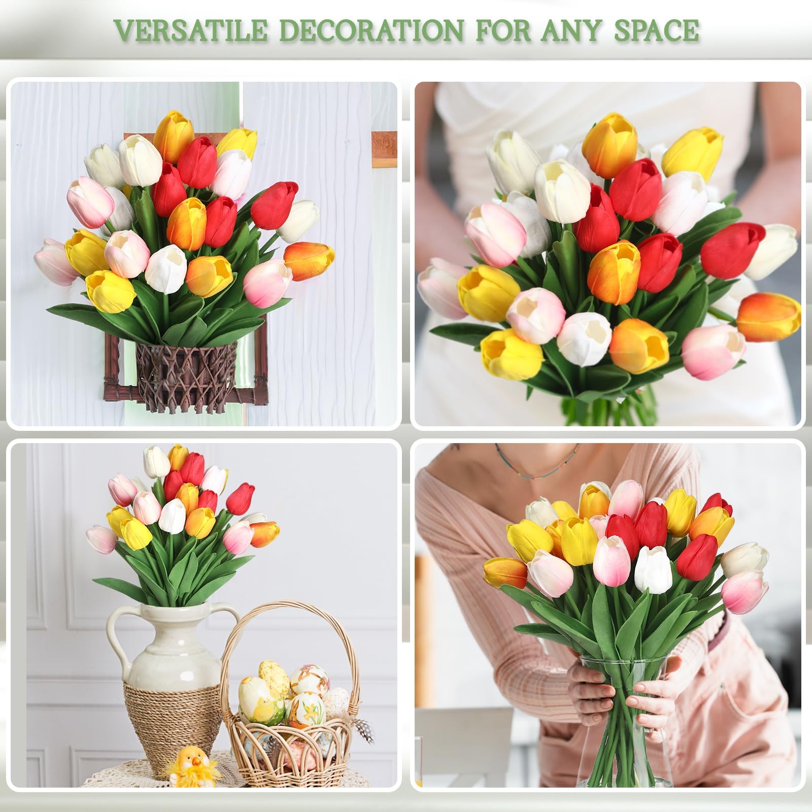 20 PCS Multicolor Artificial Tulips Real Touch 14 Inch With Vase Easter