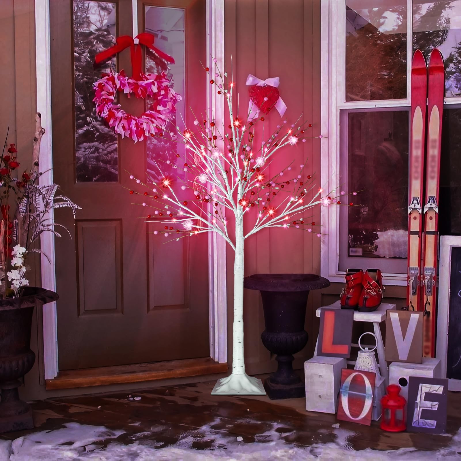 4 FT Lighted Valentines Day Artificial Birch Tree 48 LED Red Pink Heart
