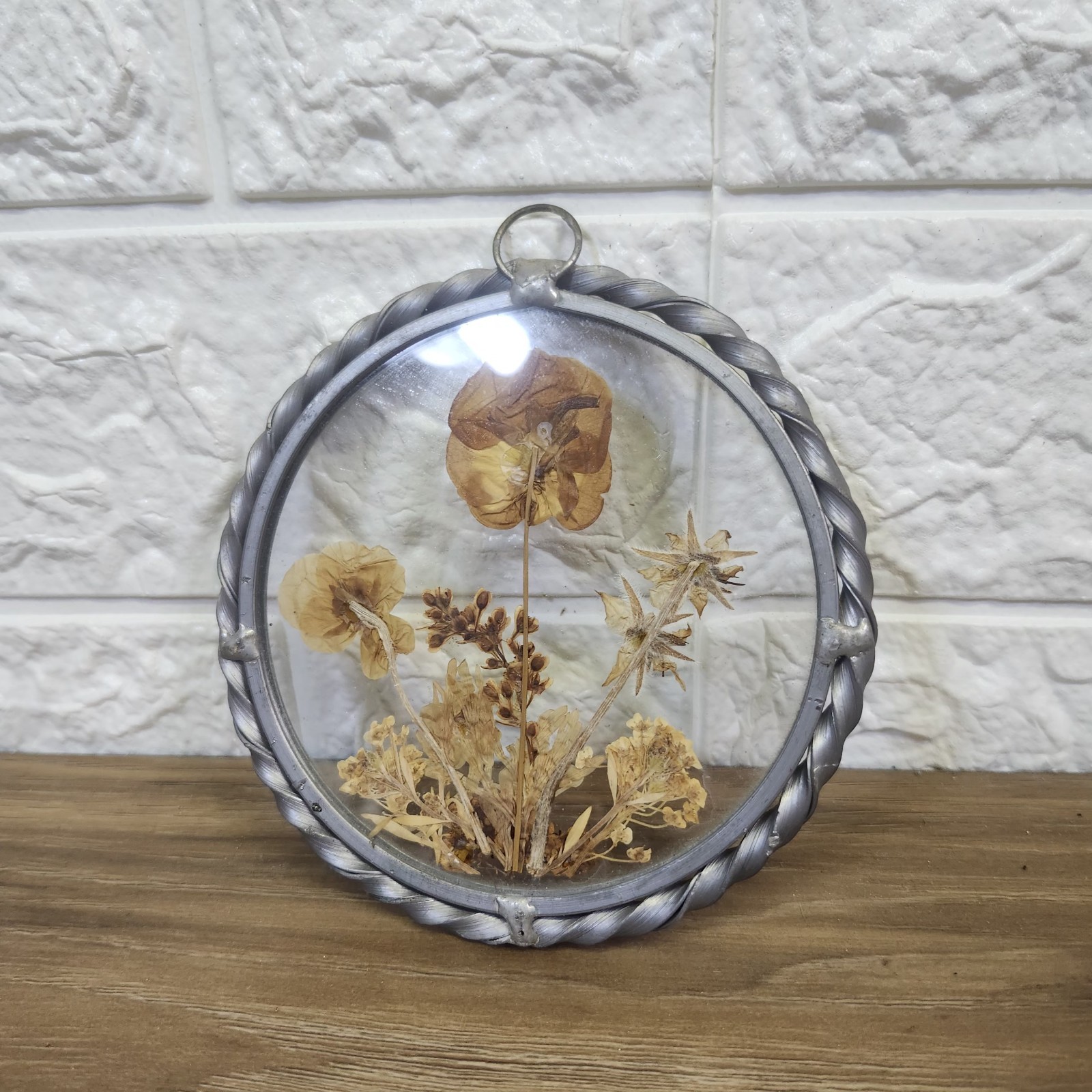 Vintage Lasting Impressions Real Dried Pressed Flowers In Glass W/ Metal Frame