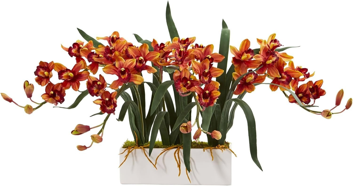 Nearly Natural Cymbidium Artificial Arrangement In White Vase Burgundy