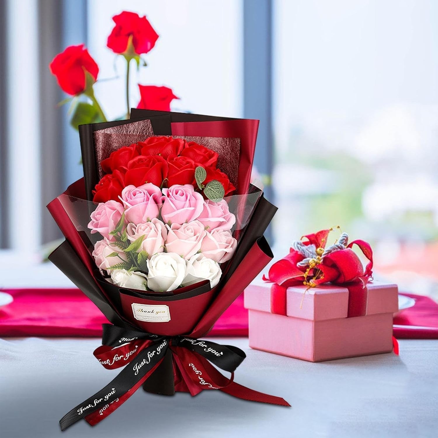 Roses Bouquet Artificial Flower – Preserved Red Rose Flowers with Love Necklace