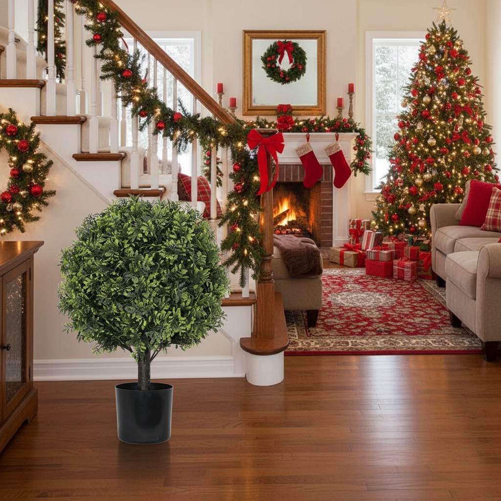 2PCS 22in Artificial Boxwood Topiary Ball Trees, Potted Indoor Outdoor Decor