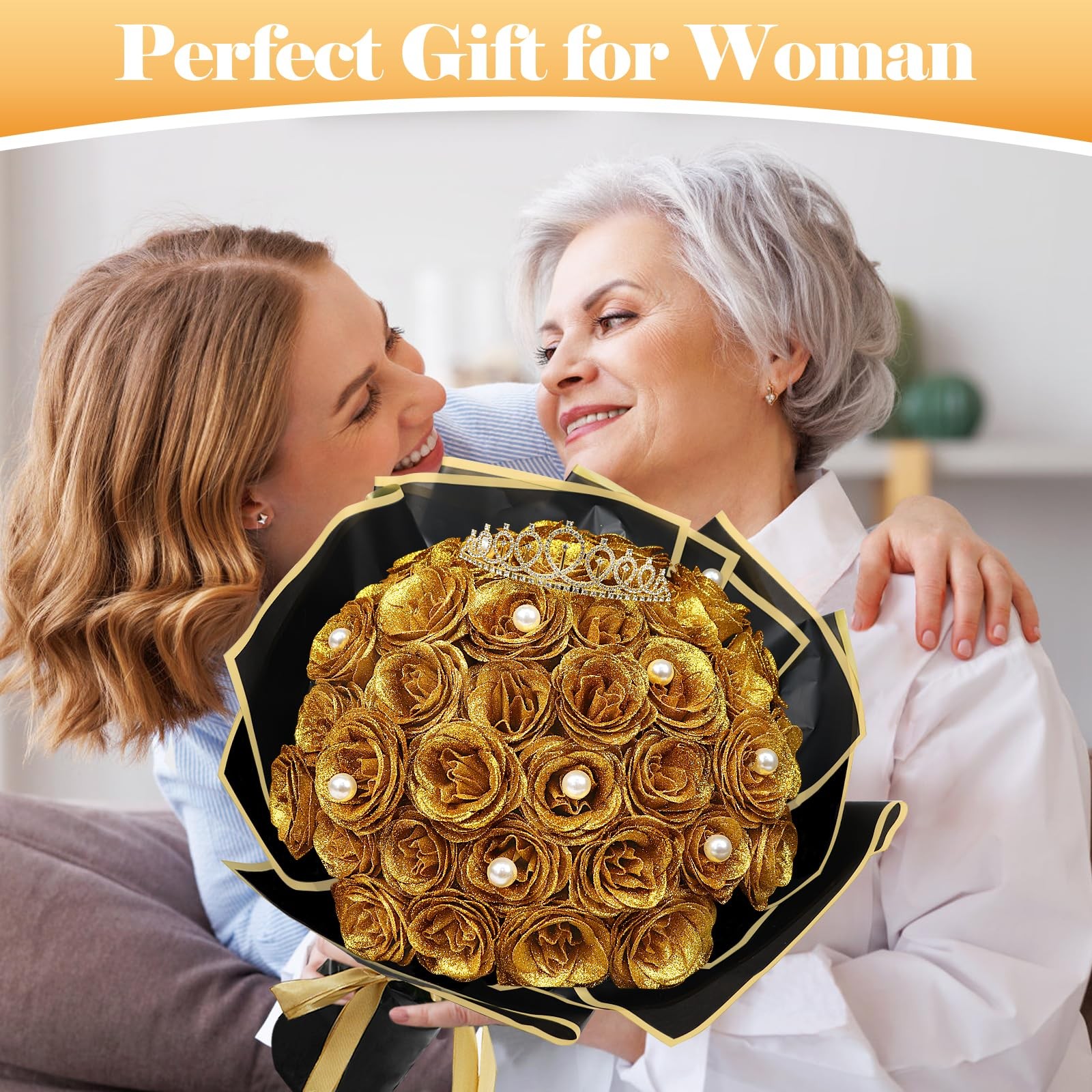 DIY Glitter Roses Bouquet Gold- 36 Pack Fake Shiny Flowers with Stems Eternal…
