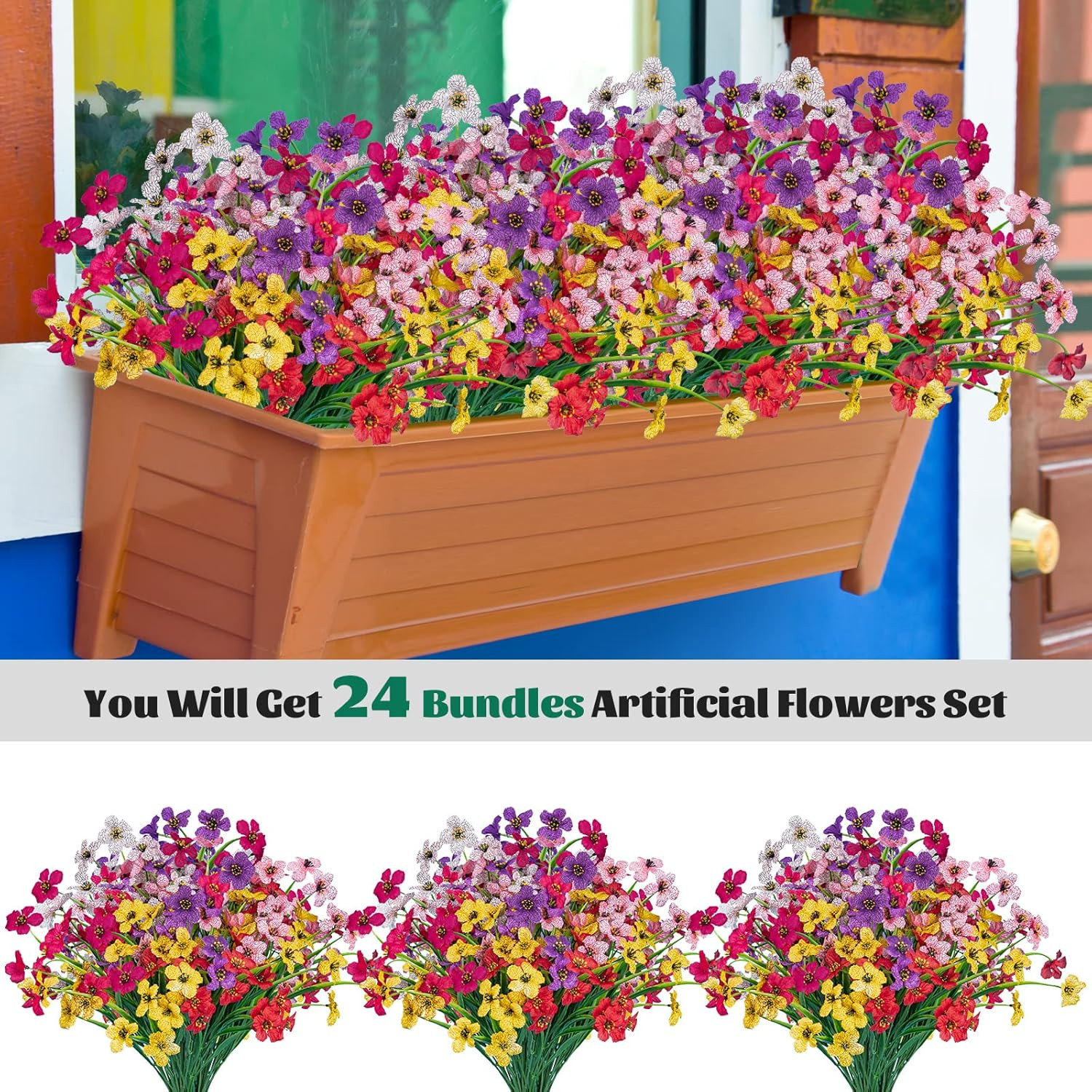 24 Pcs Artificial Flowers for Outdoor,Plastic Flowers Decoration, UV Resistant F