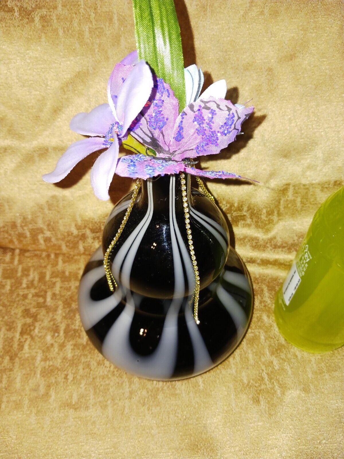 Artificial Flower Arrangement With Vintage Black & White Glass Vase Art Deco
