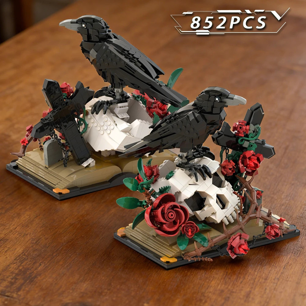 Raven Skull Roses Flower Building Blocks Set , Skull Planter Botanical Collectio