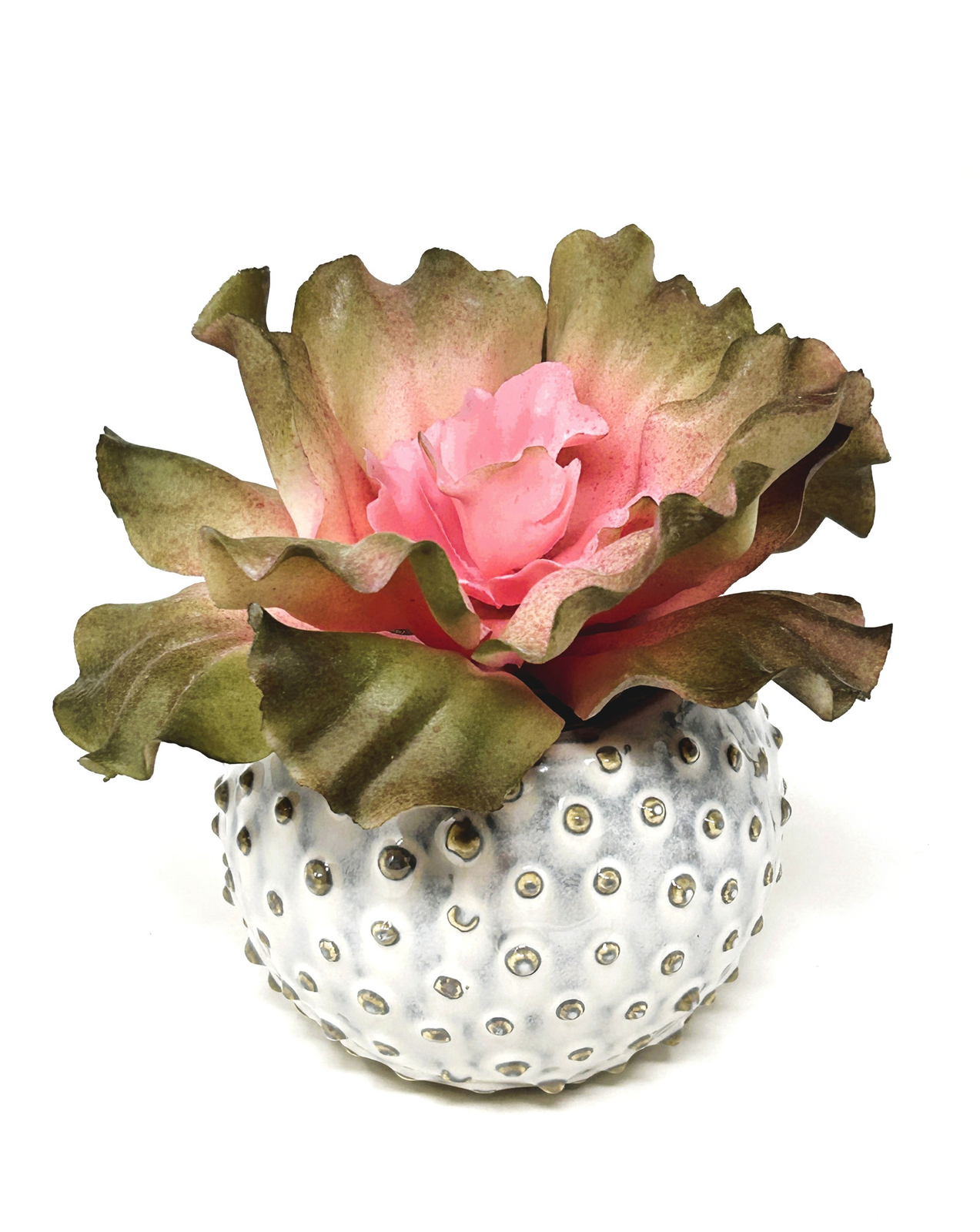 5″ Artificial Soft PINK & Taupe Curly Echeveria Cabbage SUCCULENT, 3″ Ceramic Wh
