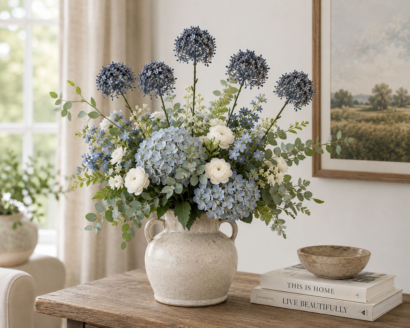 Artificial Blue Allium Flower Stems Set of 2 Dusty French Blue Faux Floral Spray
