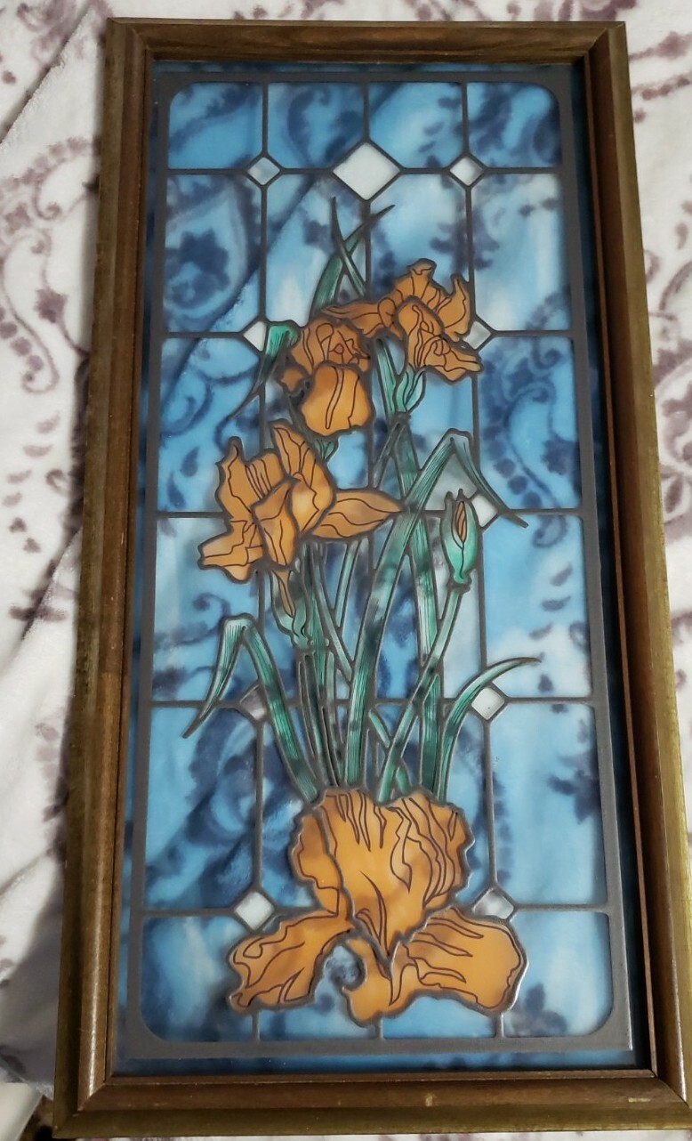 Peach Iris Blue Background Stained Glass Look 23″H x 11.5″W Framed