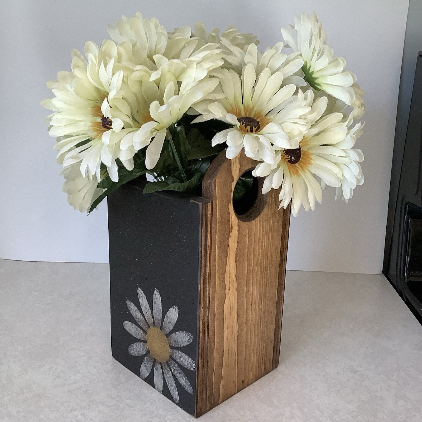 Artificial Flower Arrangement – White Daisies Painted Black Wood Box FOLK ART