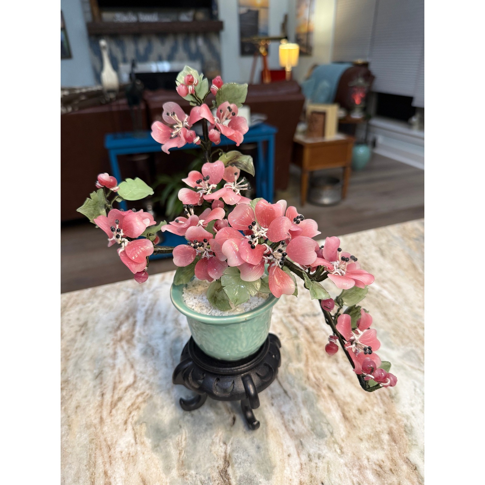 Vintage Chinese Glass Bonsai Tree Pink Cherry Blossom Celadon Pot Wood Stand